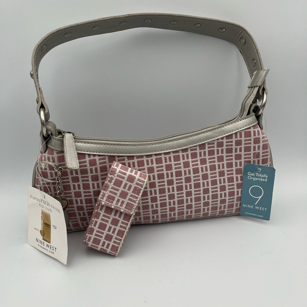 Vintage Nine West Pink and Silver Women's Shoulder Bag Matching Lipstick Case